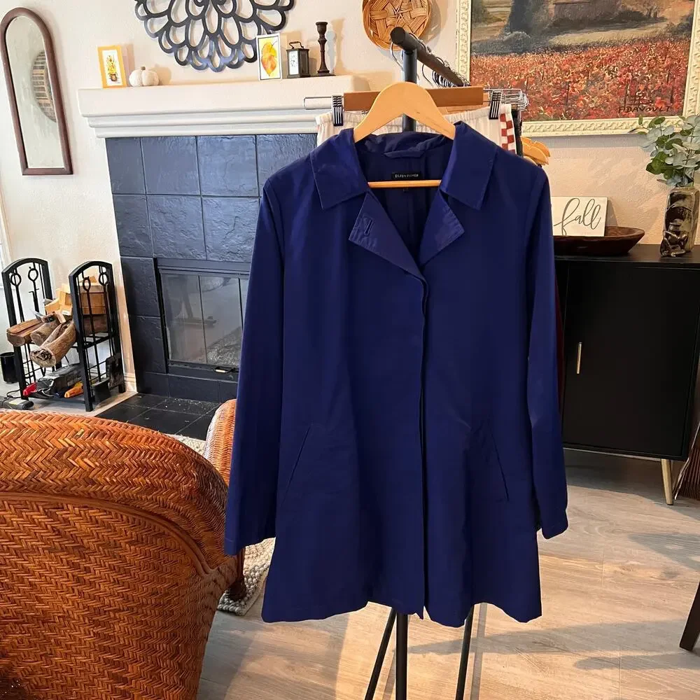 Eileen Fisher Coat Women Size Small Royal Blue A Line Button Down Trench - Picture 16 of 16